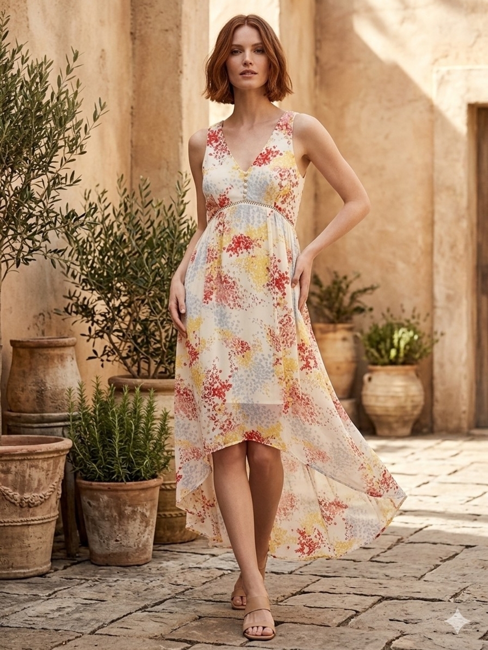 Dex Floral High-Low Maxi Dress Cream Red Yellow V-Neck Sleeveless Size: XS